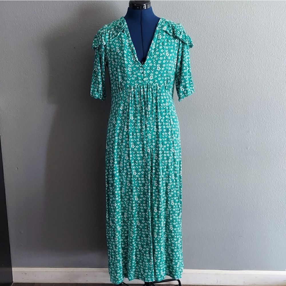 Asos Teal Floral Print Shoulder Ruffle Maxi Dress Size 8